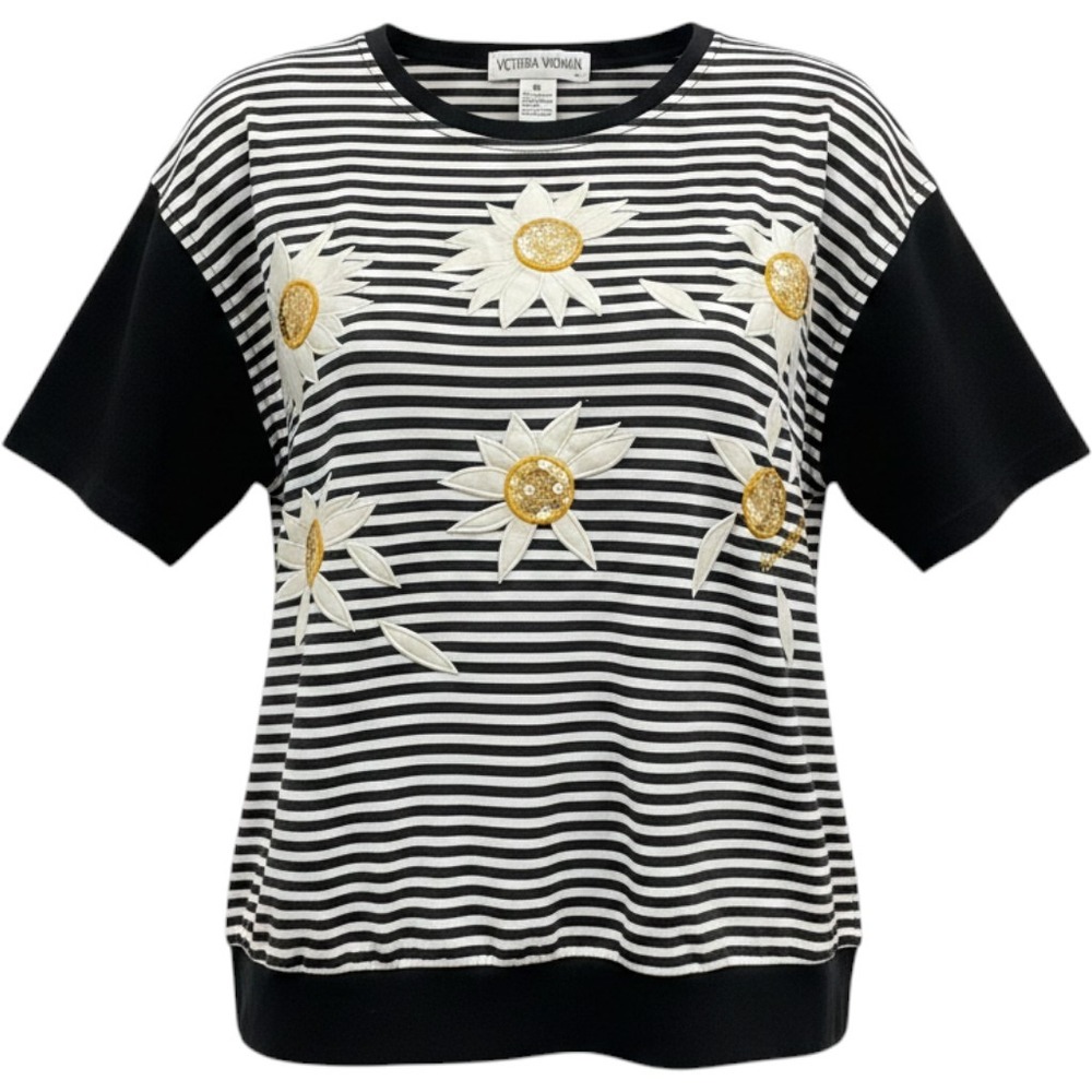 Vintage Victoria Woman Top 2X Black White Striped Sequin Daisy Floral Kitschy